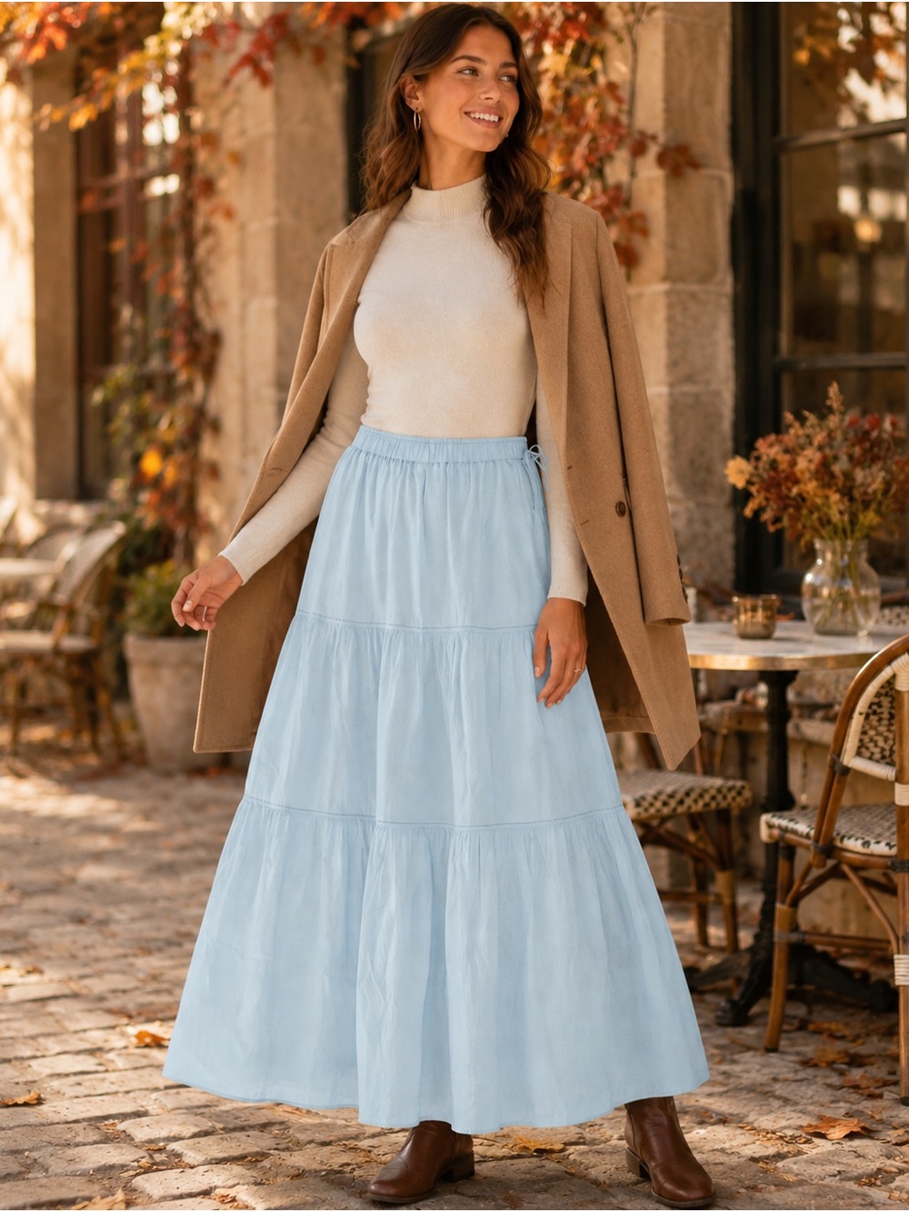 Uniqlo Light Blue Tiered Maxi Skirt - Women's Long Skirt